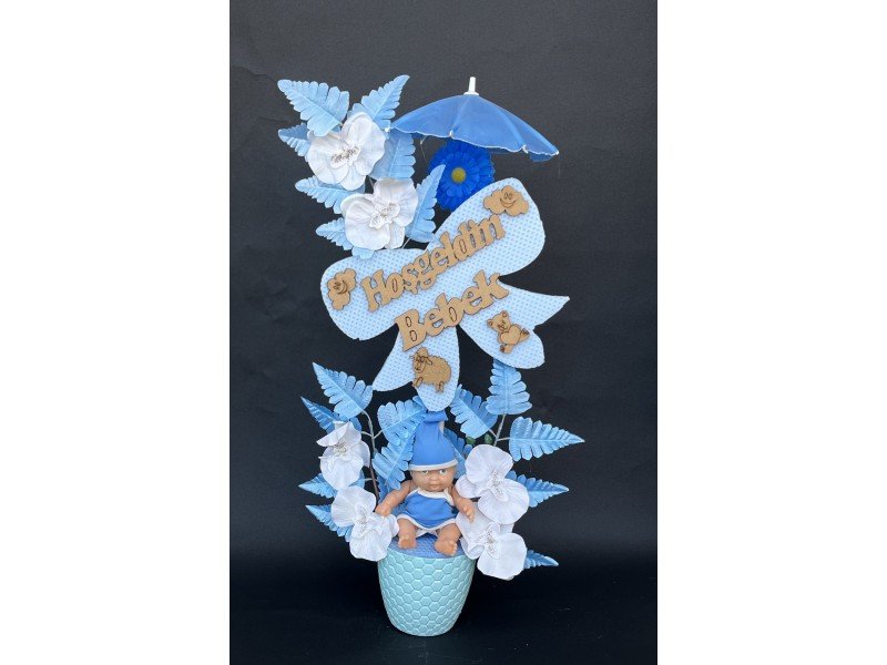 Şemsiye ve Strafor Kurdaleli Erkek Bebekli Yapay Çiçek