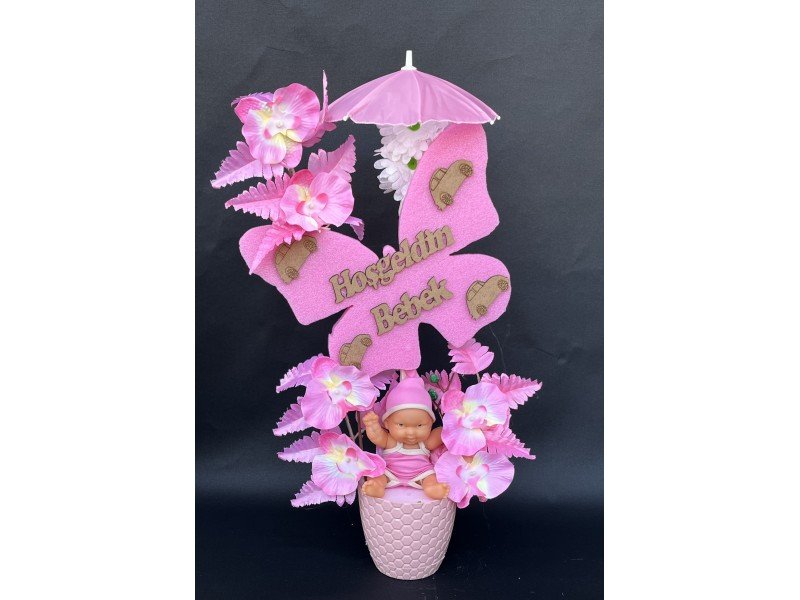 Şemsiye ve Strafor Kurdaleli Kız Bebekli Yapay Çiçek