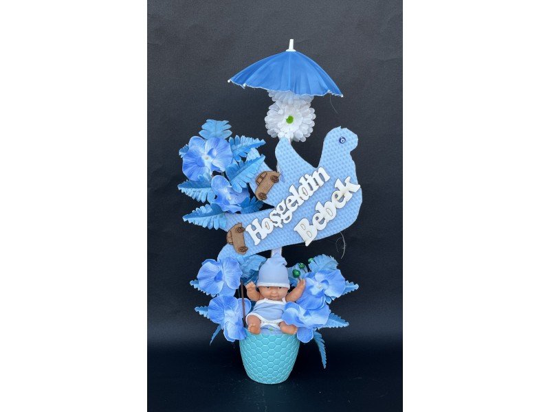 Şemsiyeli Kuşlu Erkek Bebekli Yapay Çiçek