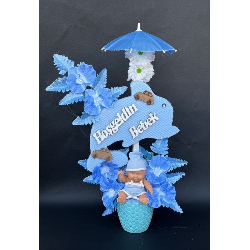 Şemsiyeli Balinalı Erkek Bebekli Yapay Çiçek